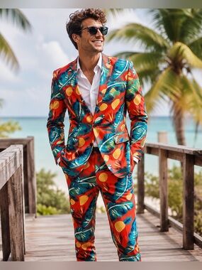 Shinesty Cruise Ship Casanova Tropical Pineapple 2 Piece Suit 46R 32x31 Hawaiian